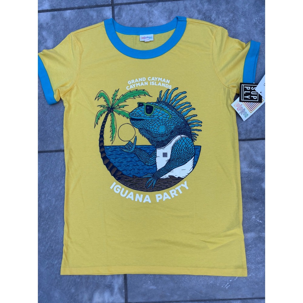 LuLaRoe Cruise Iguana Party Grand Cayman Ringer T-Shirt Yellow Blue Small